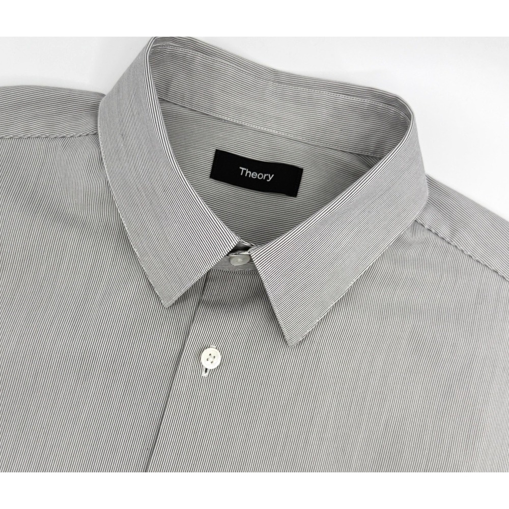 Theory Irving Broome Stripe Shirt‎ Mens Medium Gray Cotton Stretch Long Sleeve